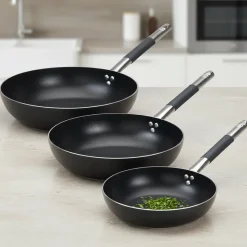 Agnelli Alblack 3 mm Tris Padelle Alte Svasate Antiaderenti In Alluminio Con Manico Cool Inox - Set 3 Pz