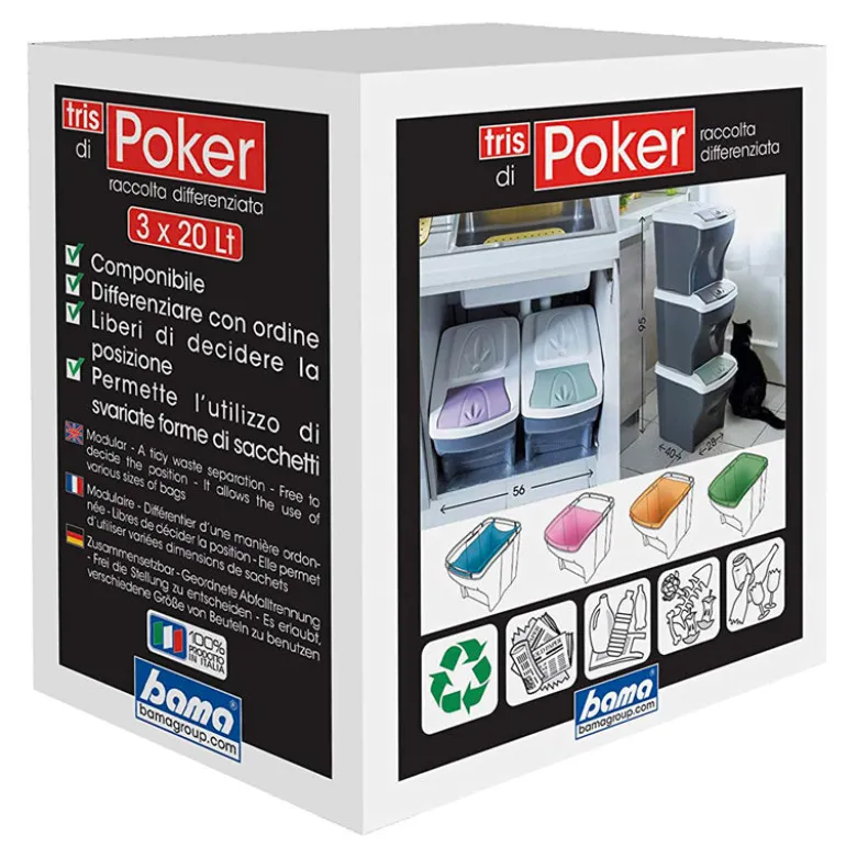Bama Tris Di Poker Pattumiera Raccolta DIfferenziata In Plastica - Set 3 Pz