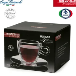 30 cl - Bormioli Luigi Themic Glass Tazza Multiuso In Vetro Termico Con Piattino In Acciaio Inonx - Set 2 Pz