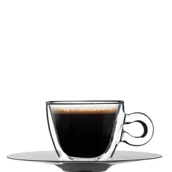 6.5 cl - Bormioli Luigi Themic Glass Tazza Caffé Espresso In Vetro Termico Con Piattino In Acciaio Inonx - Set 2 Pz