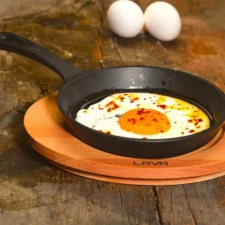16 cm - Paderno Padella Bassa Rotonda Con Manico In Ghisa Smaltata Con Supporto In Legno