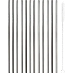 21.5 cm - Paderno Reusable Straight Stainless Steel Straws with Brush Set of 12
