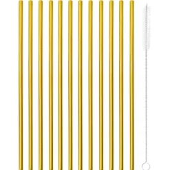 21.5 cm - Paderno Reusable Straight Stainless Steel Straws with Brush Set of 12