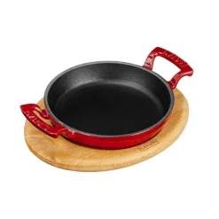 16 cm - Paderno Tegame Rotonda In Ghisa Smaltata Con Supporto In Legno