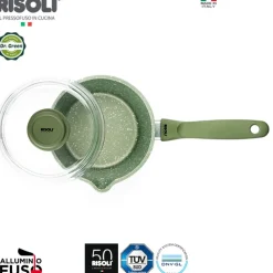 16 cm - Risoli Dr.Green Stone Casseruola Con Manico Antiaderente In Alluminio Con Coperchio In Vetro