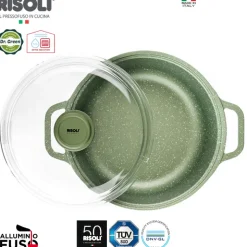 24 cm - Risoli Dr.Green Stone Extra Induction Casseruola Bassa Antiaderente In Alluminio Con Coperchio