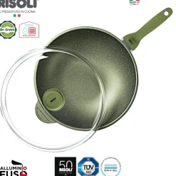 32 cm - Risoli Dr.Green Stone Extra Induction Wok Antiaderente In Alluminio Con Coperchio