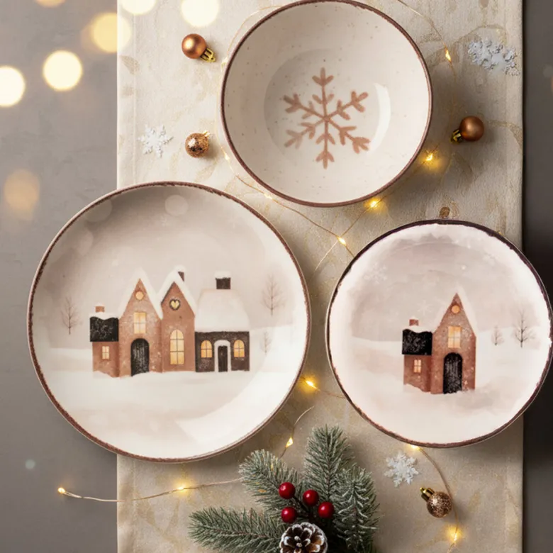 H&H Cinnamon Glows Servizio Piatti Decoro Natalizio In Stoneware Set 18 Pz
