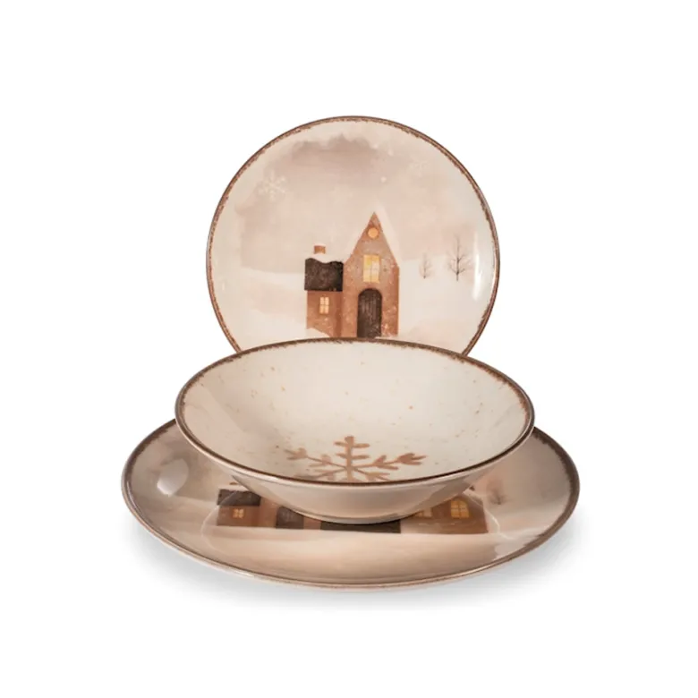 H&H Cinnamon Glows Servizio Piatti Decoro Natalizio In Stoneware Set 18 Pz