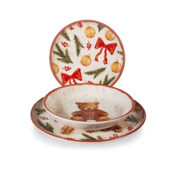 H&H Nordic Teddy Hugs Servizio Piatti Con Decoro Natalizio In Stoneware Set 18 Pz