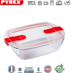 Pyrex Cook & Heat Contenitore Per Alimenti Rettangolare In Vetro Borosilicato Con Coperchio con valvola a vapore