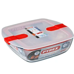 Pyrex Cook & Heat Contenitore Per Alimenti Quadrato In Vetro Borosilicato Con Coperchio con valvola a vapore