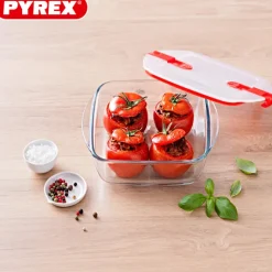 Pyrex Cook & Heat Contenitore Per Alimenti Quadrato In Vetro Borosilicato Con Coperchio con valvola a vapore