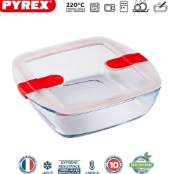 Pyrex Cook & Heat Contenitore Per Alimenti Quadrato In Vetro Borosilicato Con Coperchio con valvola a vapore