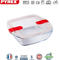Pyrex Cook & Heat Contenitore Per Alimenti Quadrato In Vetro Borosilicato Con Coperchio con valvola a vapore