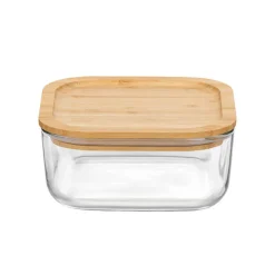10x10 cm - Bormioli Rocco Frigoverre Bamboo Contenitore Per Alimenti Quadrato In Vetro Con Tappo Bambù