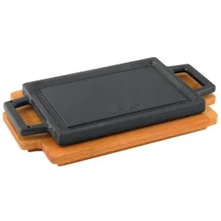 22x30 cm - Paderno Bistecchiera Grill Rettangolare In Ghisa Smaltata Con Supporto In Legno