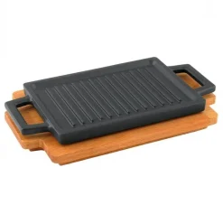 22x30 cm - Paderno Bistecchiera Grill Rettangolare In Ghisa Smaltata Con Supporto In Legno