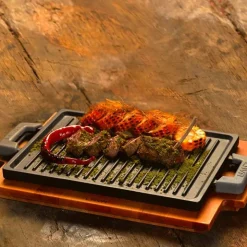 22x30 cm - Paderno Bistecchiera Grill Rettangolare In Ghisa Smaltata Con Supporto In Legno