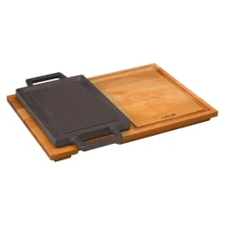 22x15 cm - Paderno Bistecchiera Grill Rettangolare In Ghisa Smaltata Con Supporto In Legno