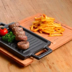 22x15 cm - Paderno Bistecchiera Grill Rettangolare In Ghisa Smaltata Con Supporto In Legno