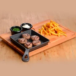 16x16 cm - Paderno Bistecchiera In Ghisa Con Supporto In Legno