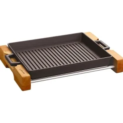 32x26 cm - Paderno Bistecchiera Rettangolare In Ghisa Smaltata Con Supporto In Legno