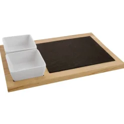 35x23 cm - Paderno Tableware Buffet & Display Vassoio In Legno Con 2 Ciotole In Ceramica e Piano In Ardesia